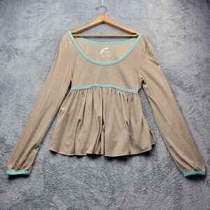 Free People Long-Sleeve Scoop Neck Top with Aqua Trim